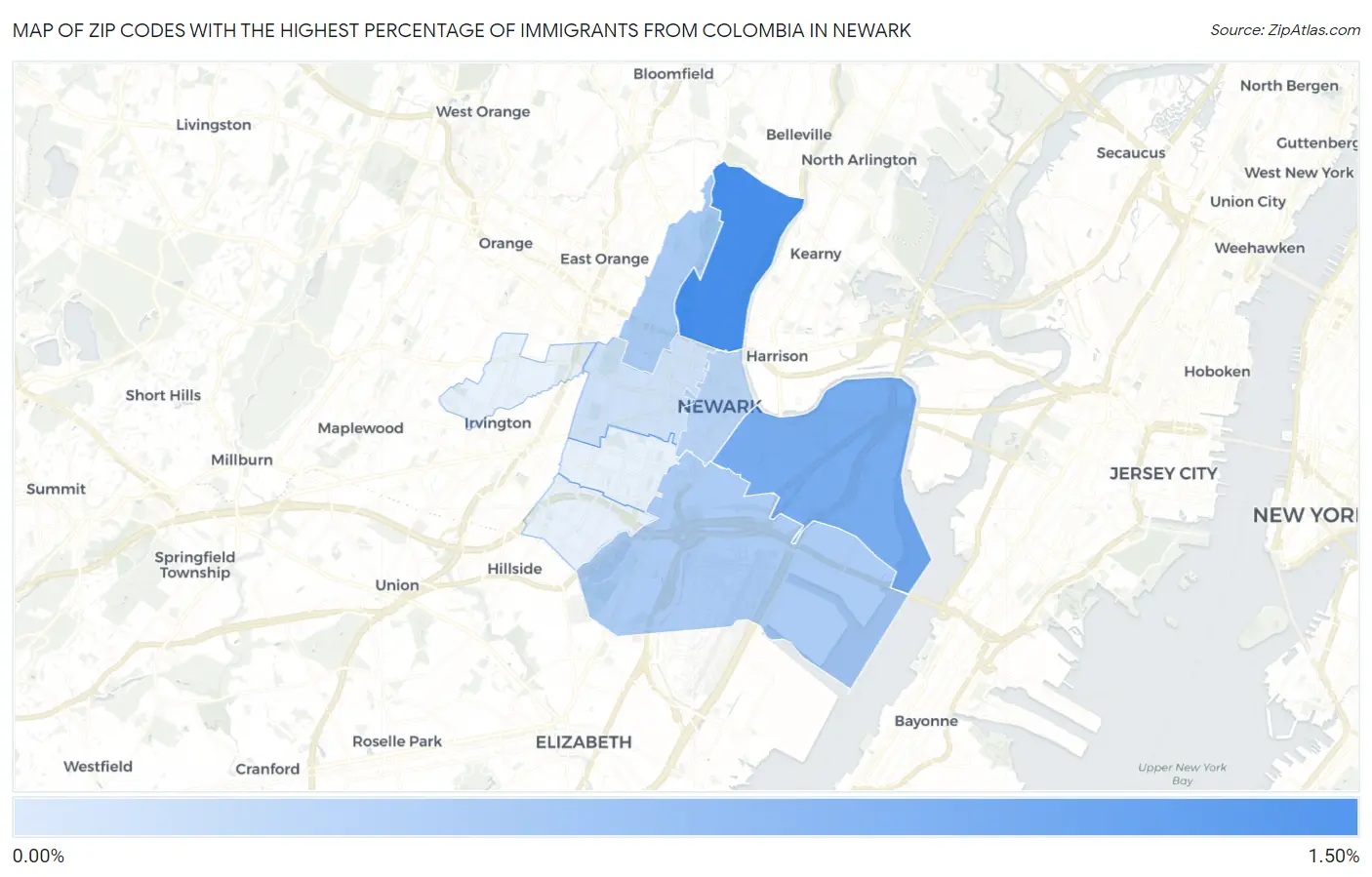 Zip Codes with the Highest Percentage of Immigrants from Colombia in Newark Map