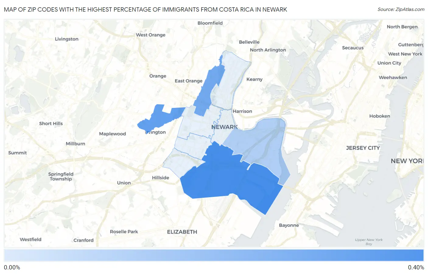 Zip Codes with the Highest Percentage of Immigrants from Costa Rica in Newark Map