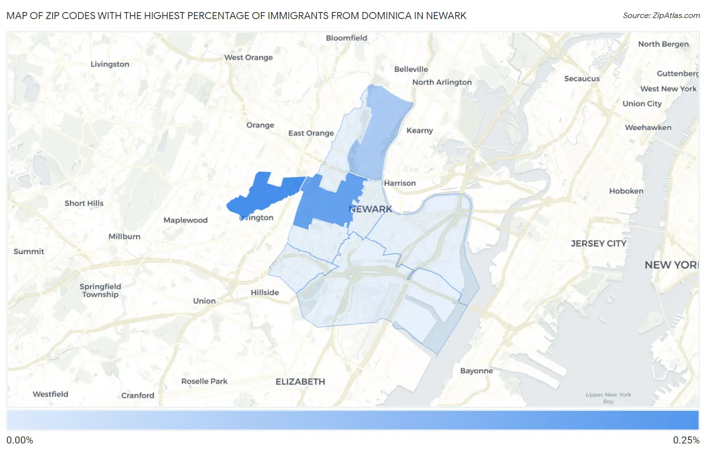 Zip Codes with the Highest Percentage of Immigrants from Dominica in Newark Map