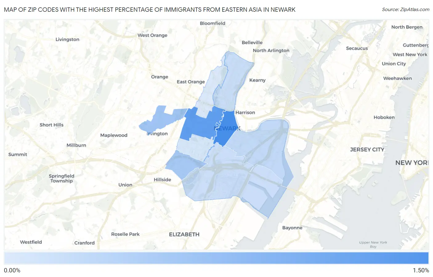 Zip Codes with the Highest Percentage of Immigrants from Eastern Asia in Newark Map