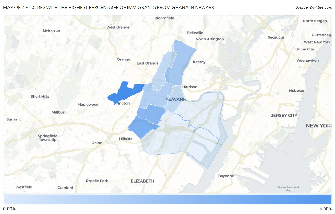 Zip Codes with the Highest Percentage of Immigrants from Ghana in Newark Map