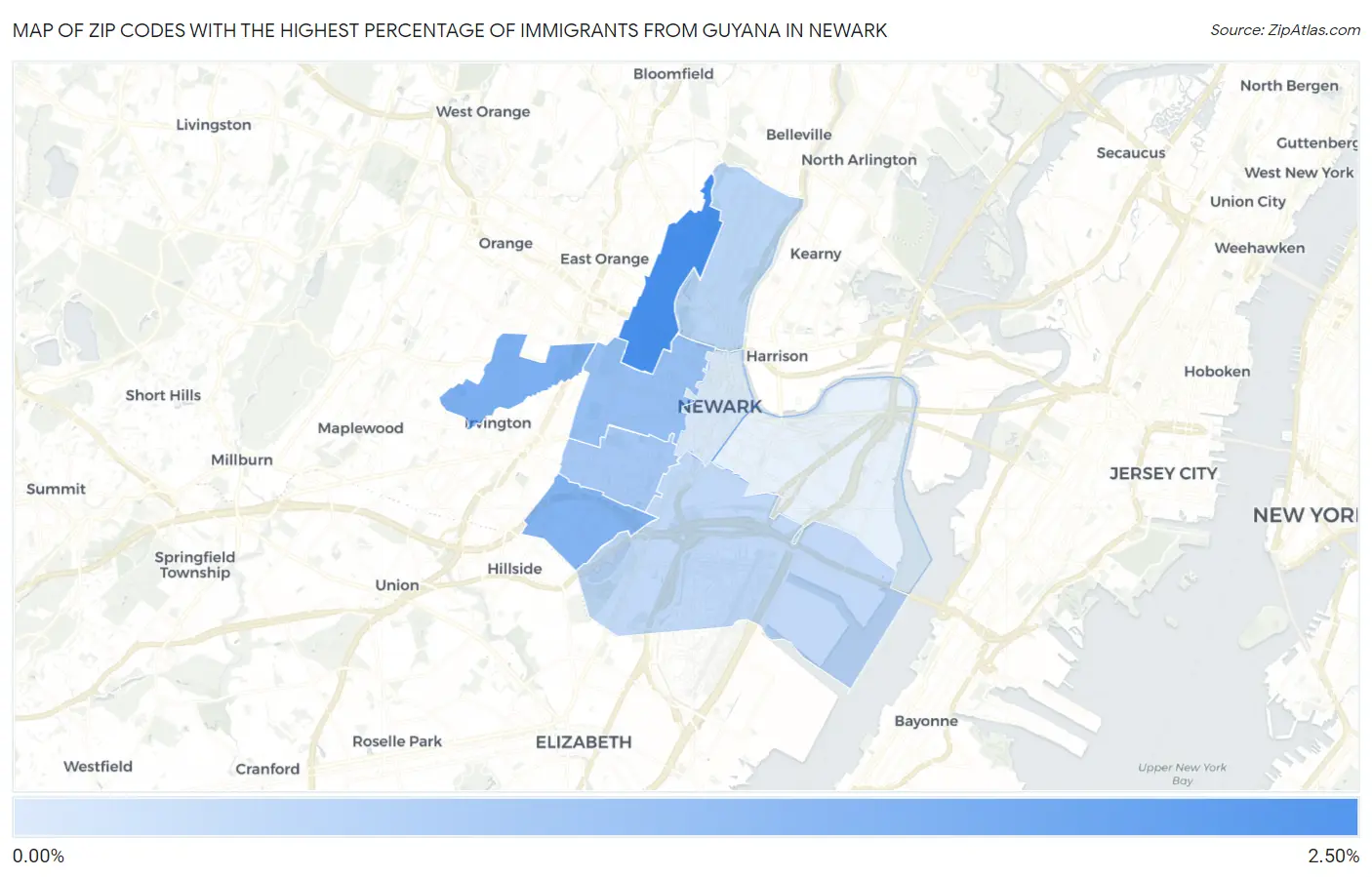 Zip Codes with the Highest Percentage of Immigrants from Guyana in Newark Map