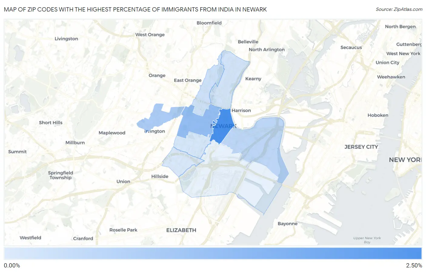 Zip Codes with the Highest Percentage of Immigrants from India in Newark Map