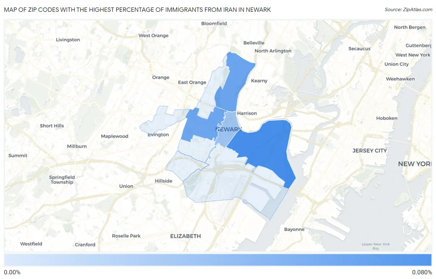 Zip Codes with the Highest Percentage of Immigrants from Iran in Newark Map