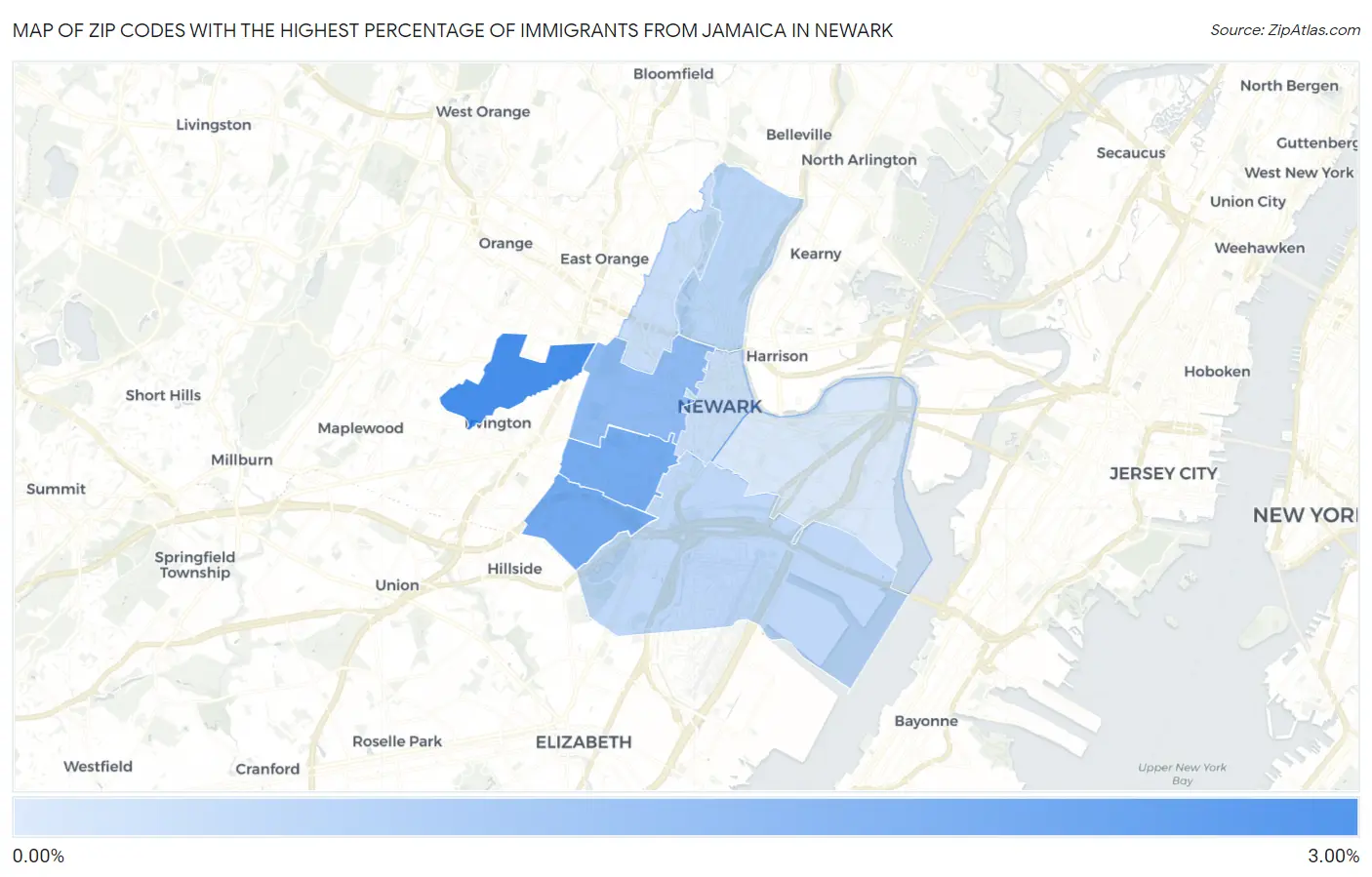 Zip Codes with the Highest Percentage of Immigrants from Jamaica in Newark Map