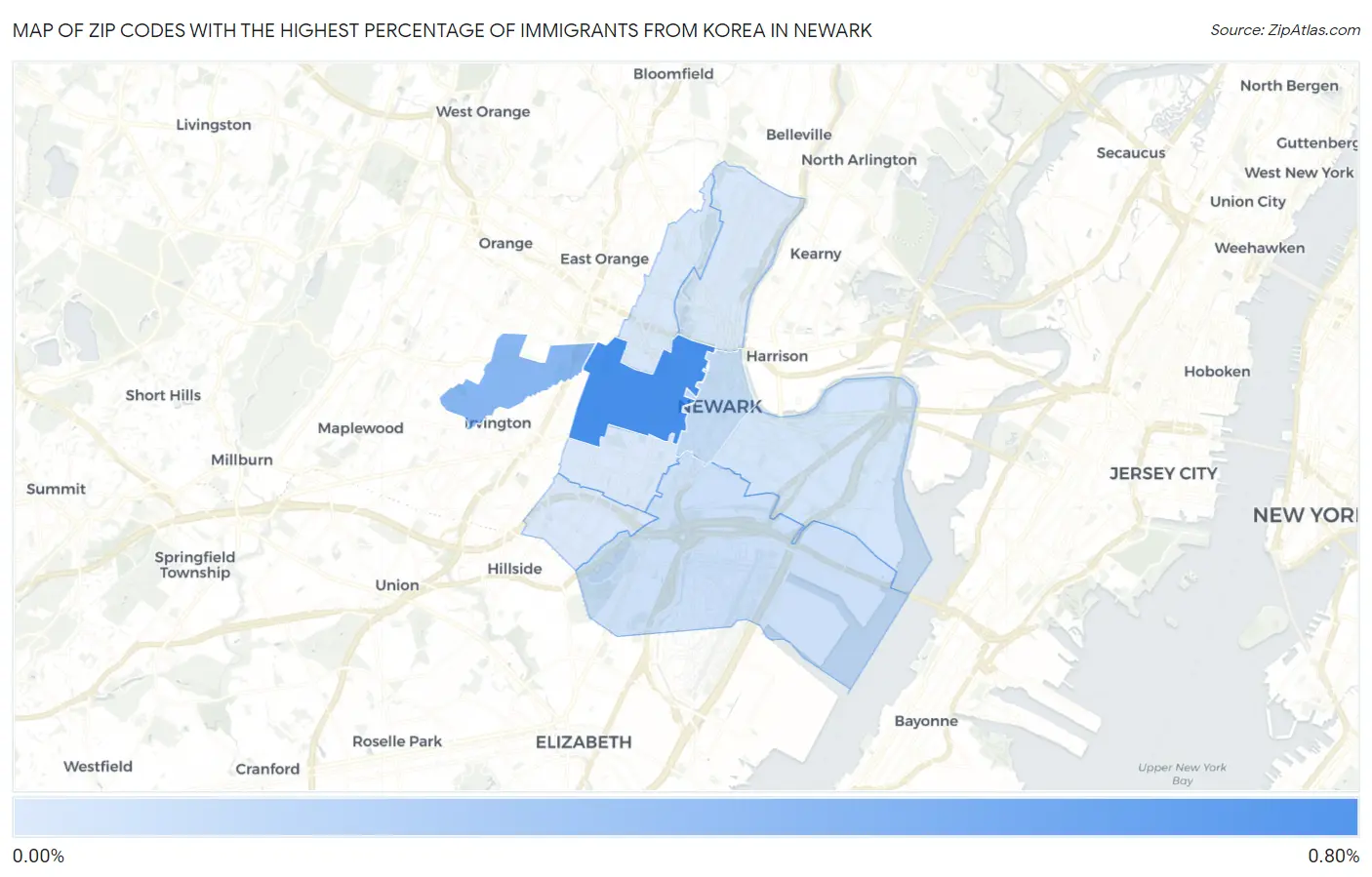 Zip Codes with the Highest Percentage of Immigrants from Korea in Newark Map