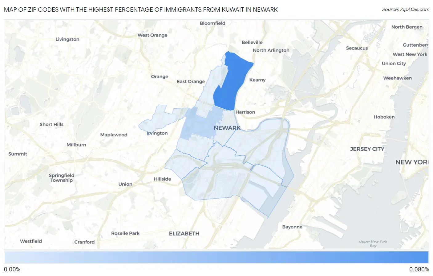 Zip Codes with the Highest Percentage of Immigrants from Kuwait in Newark Map