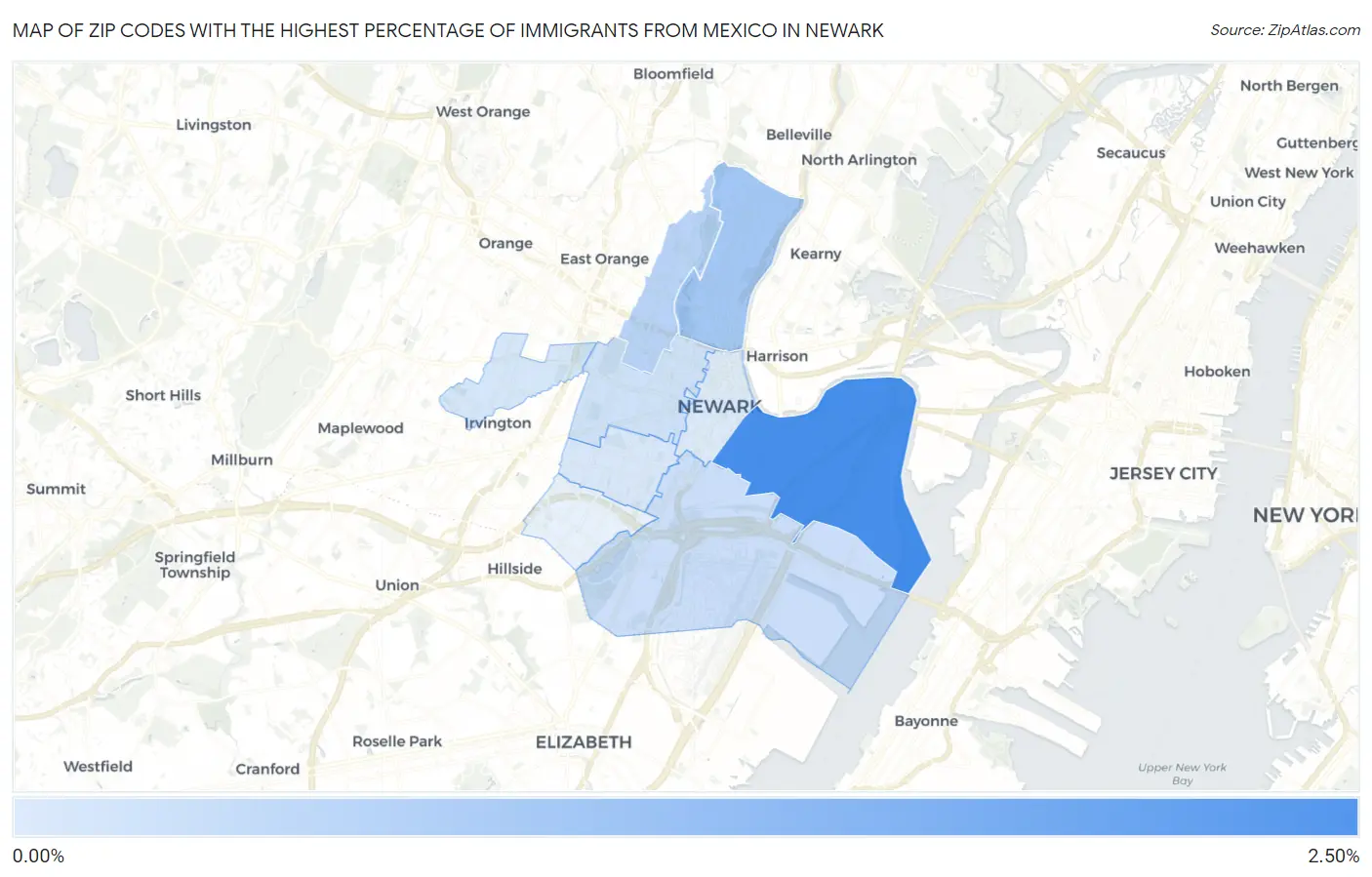 Zip Codes with the Highest Percentage of Immigrants from Mexico in Newark Map