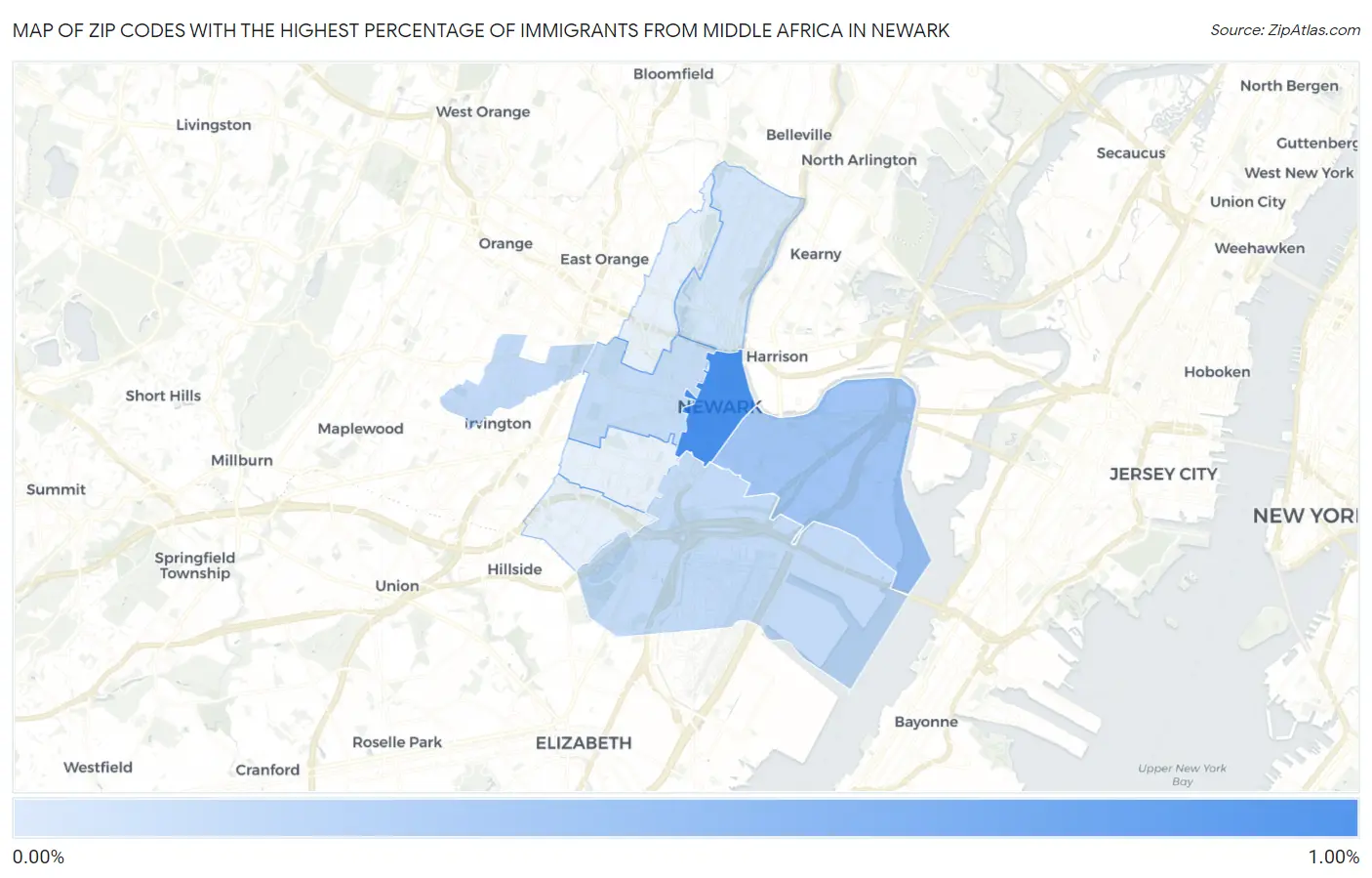 Zip Codes with the Highest Percentage of Immigrants from Middle Africa in Newark Map
