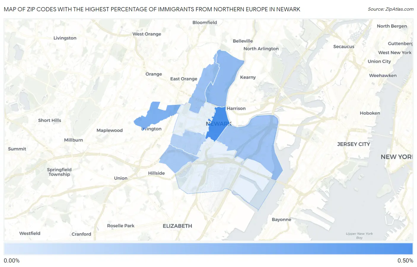 Zip Codes with the Highest Percentage of Immigrants from Northern Europe in Newark Map