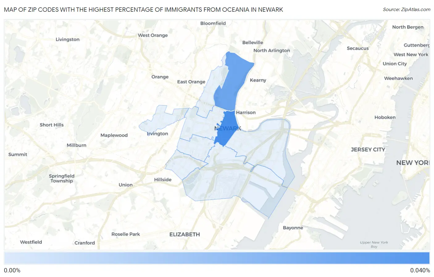 Zip Codes with the Highest Percentage of Immigrants from Oceania in Newark Map
