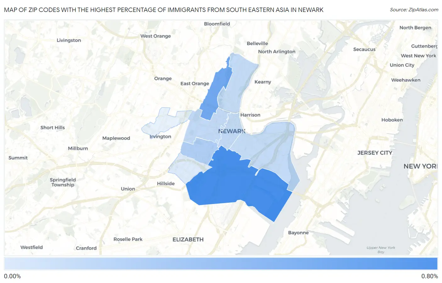 Zip Codes with the Highest Percentage of Immigrants from South Eastern Asia in Newark Map