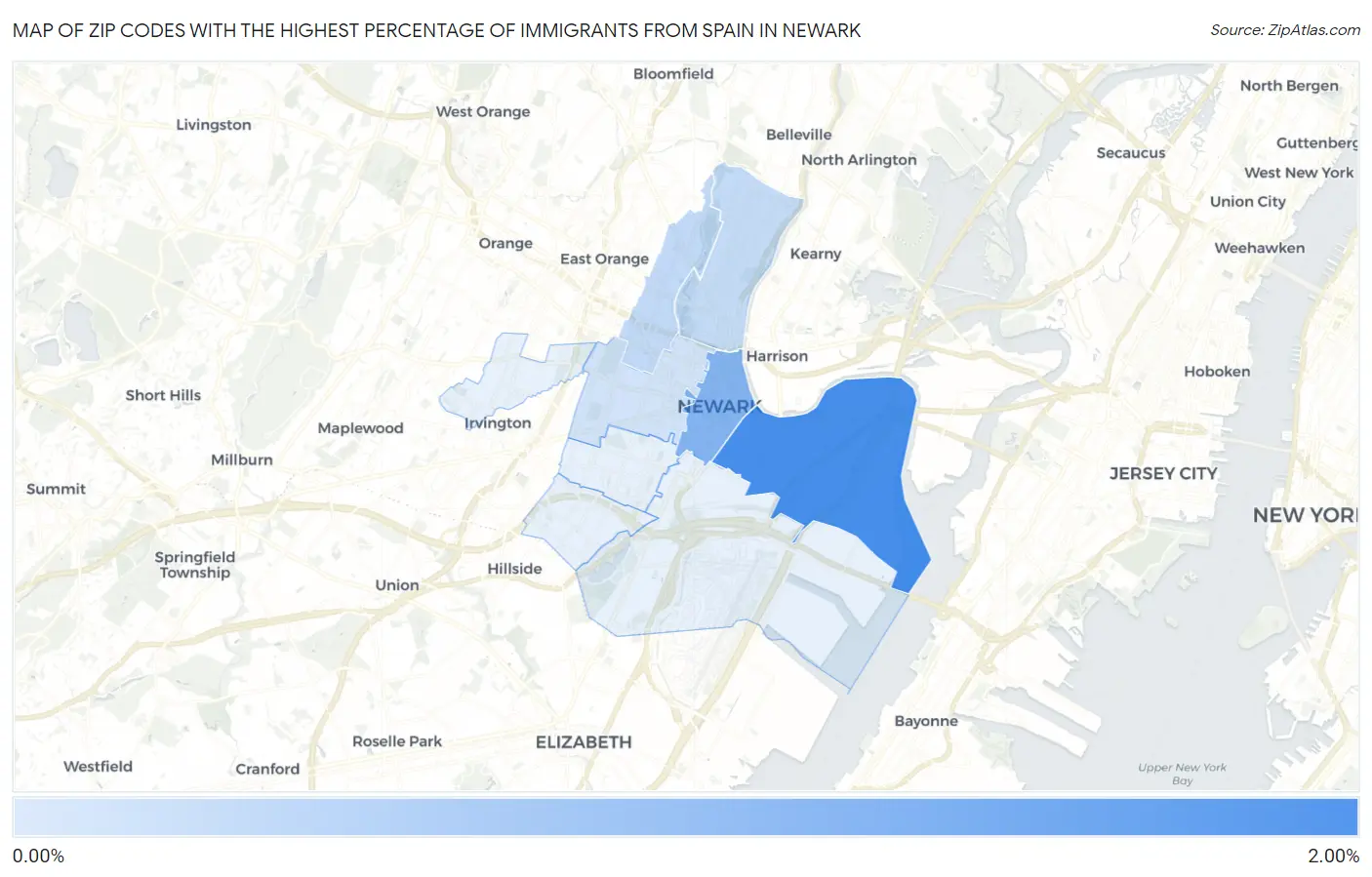 Zip Codes with the Highest Percentage of Immigrants from Spain in Newark Map