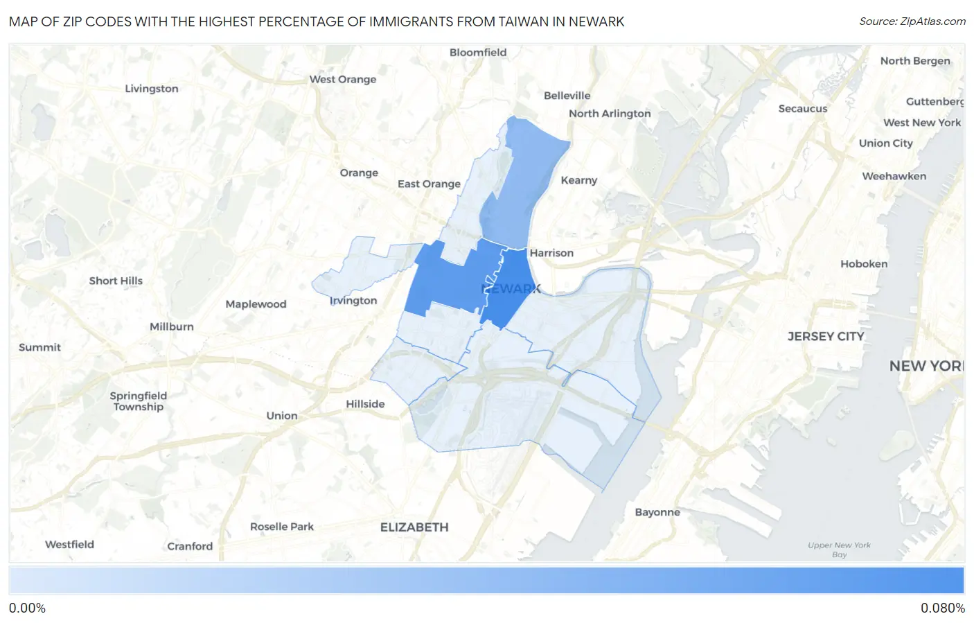 Zip Codes with the Highest Percentage of Immigrants from Taiwan in Newark Map