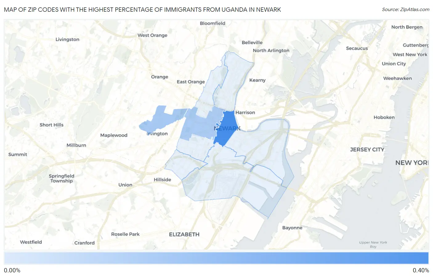 Zip Codes with the Highest Percentage of Immigrants from Uganda in Newark Map