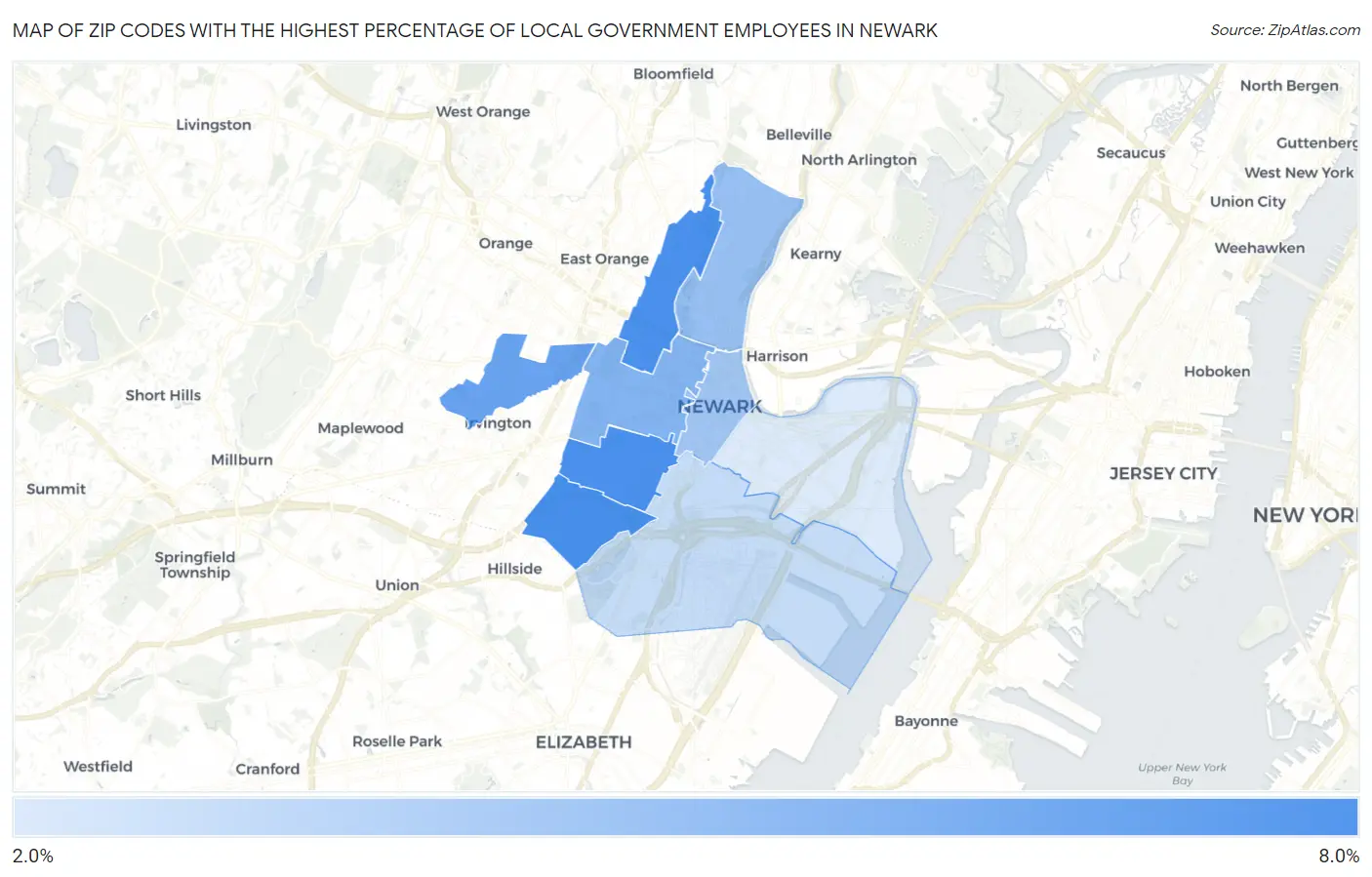 Zip Codes with the Highest Percentage of Local Government Employees in Newark Map