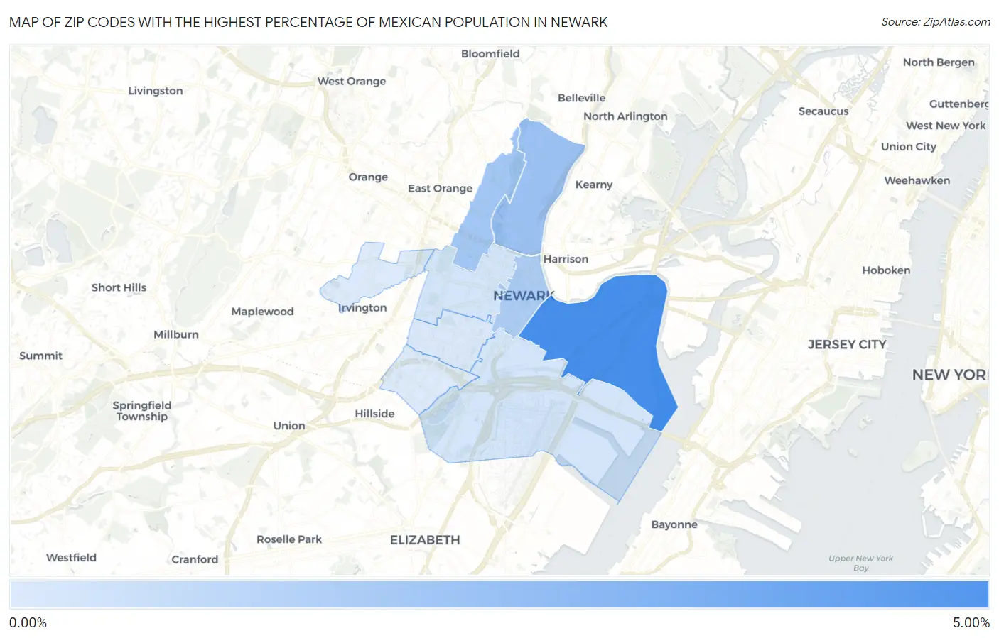 Zip Codes with the Highest Percentage of Mexican Population in Newark Map