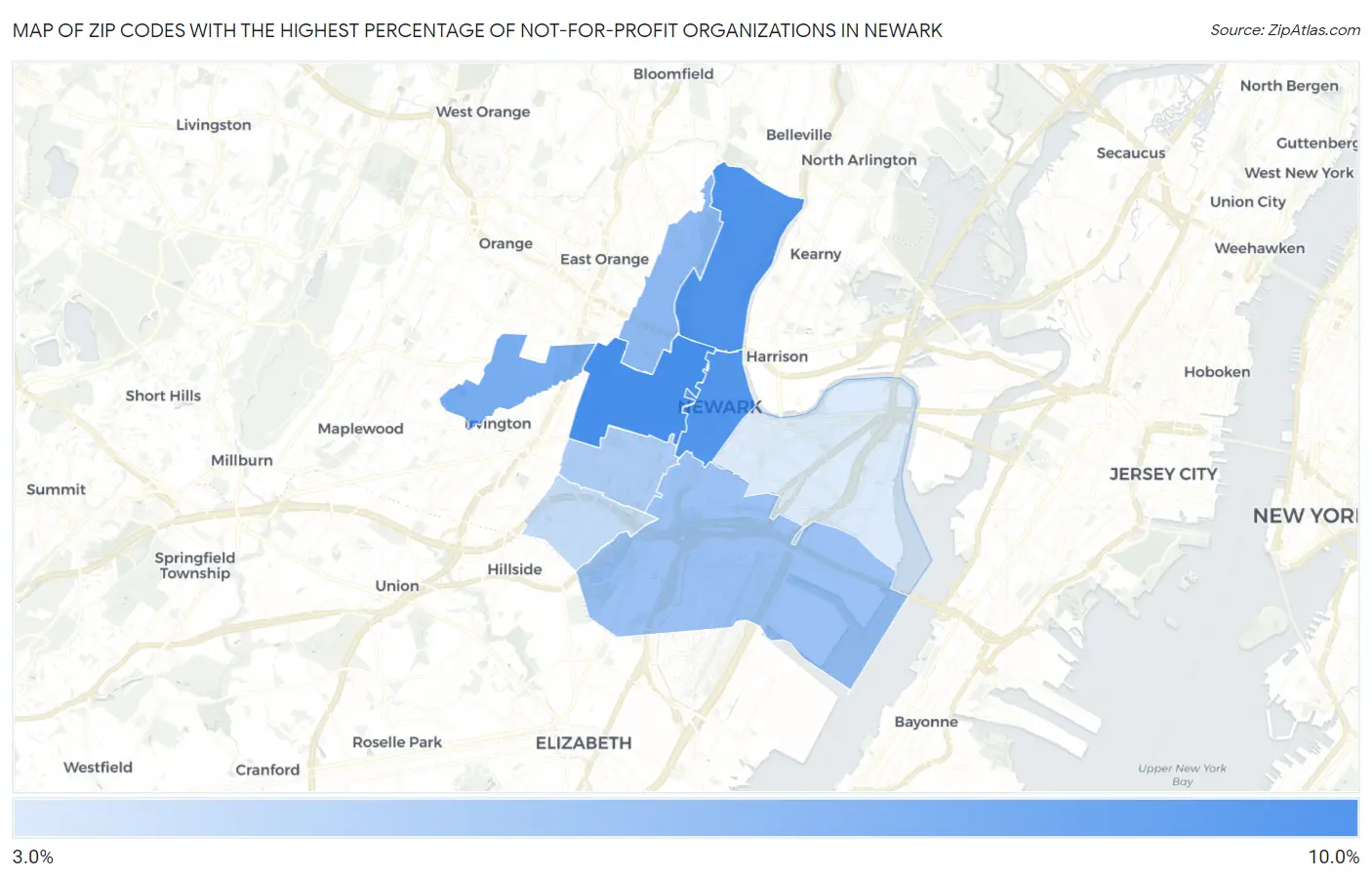 Zip Codes with the Highest Percentage of Not-for-profit Organizations in Newark Map