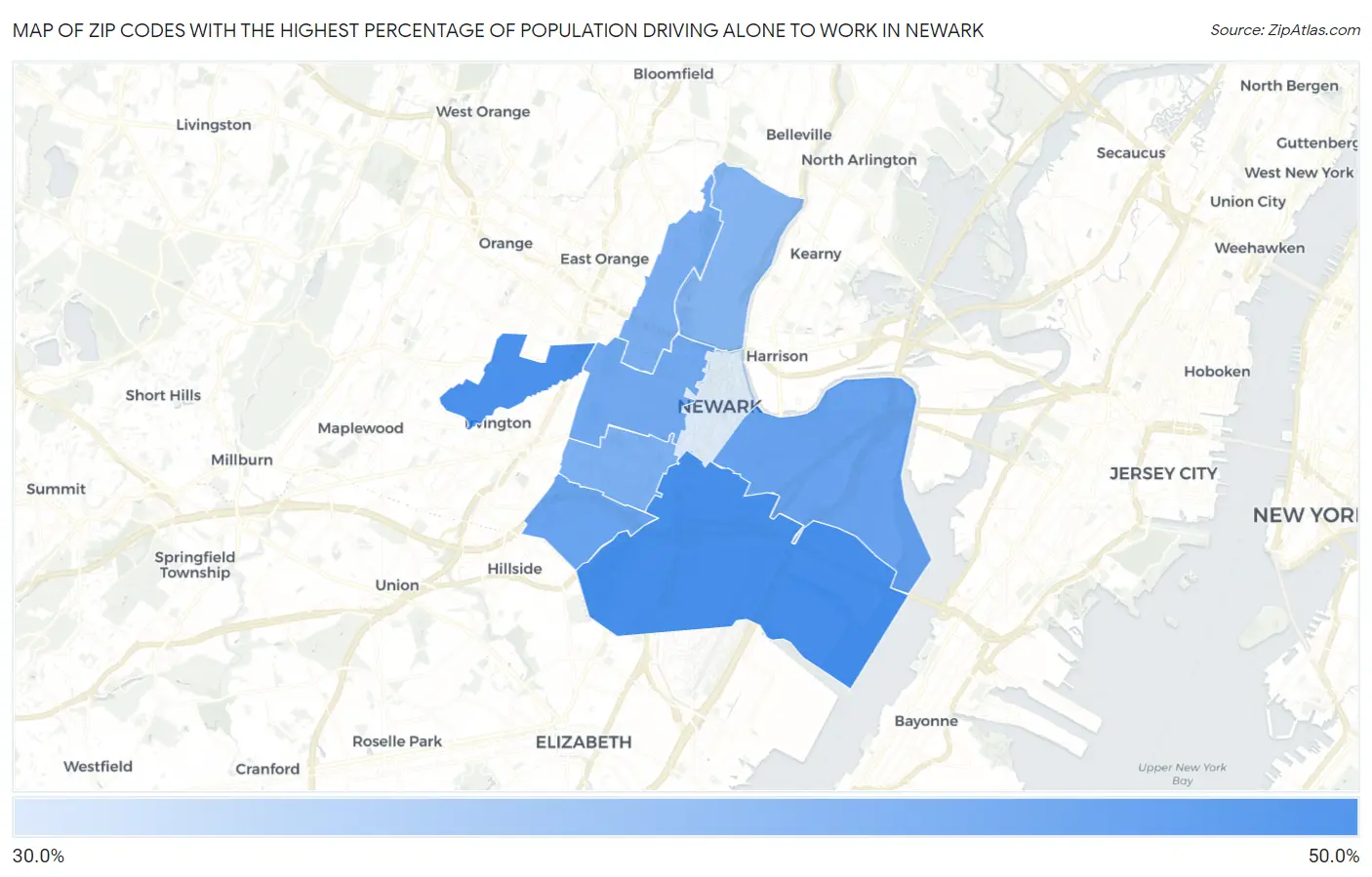 Zip Codes with the Highest Percentage of Population Driving Alone to Work in Newark Map