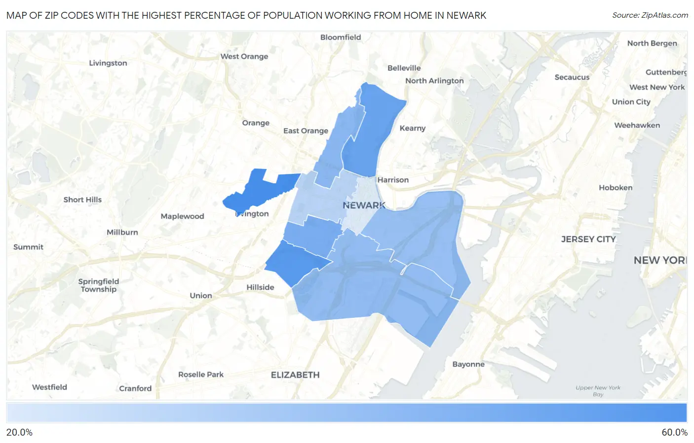 Zip Codes with the Highest Percentage of Population Working from Home in Newark Map