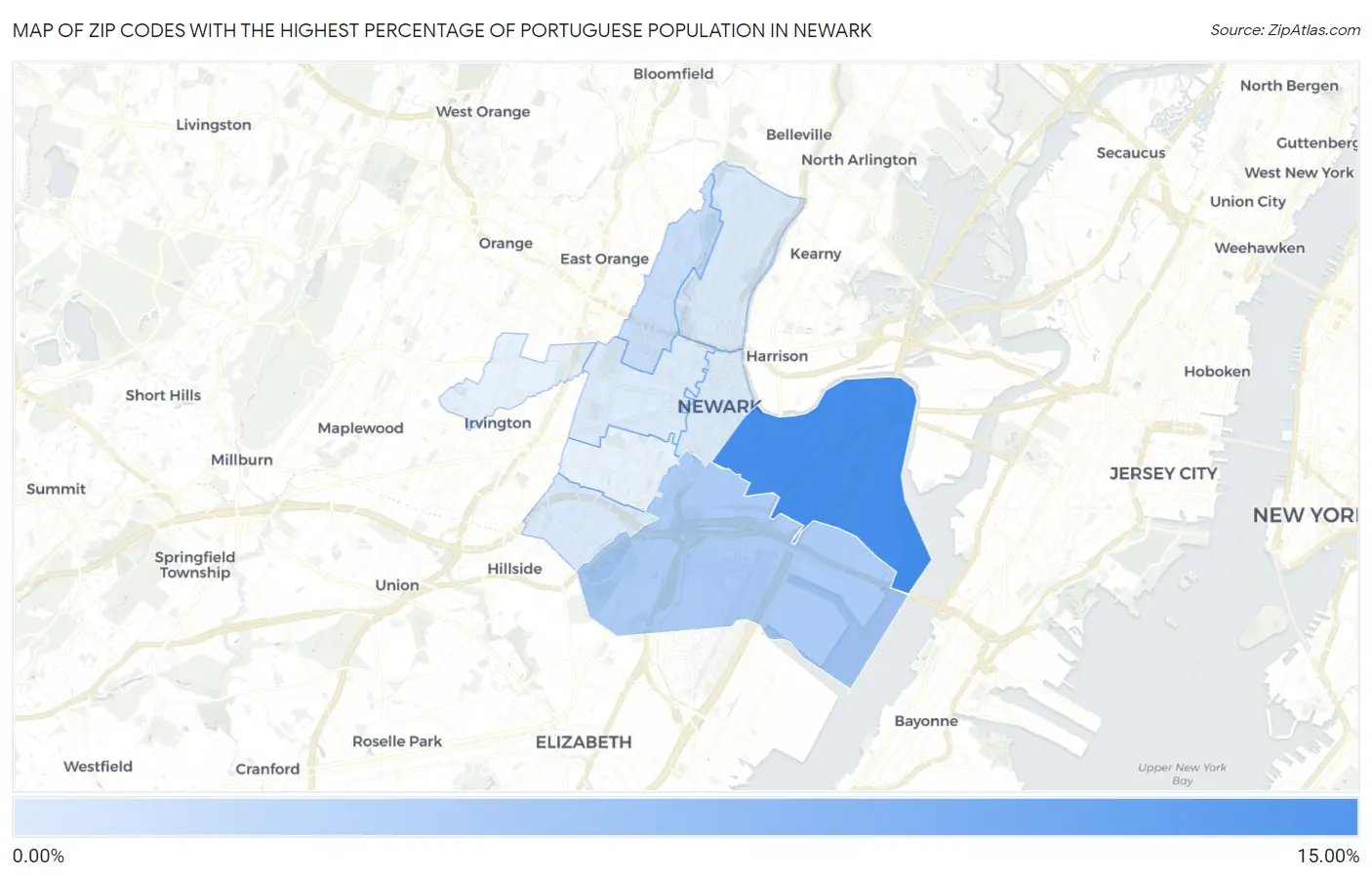 Zip Codes with the Highest Percentage of Portuguese Population in Newark Map