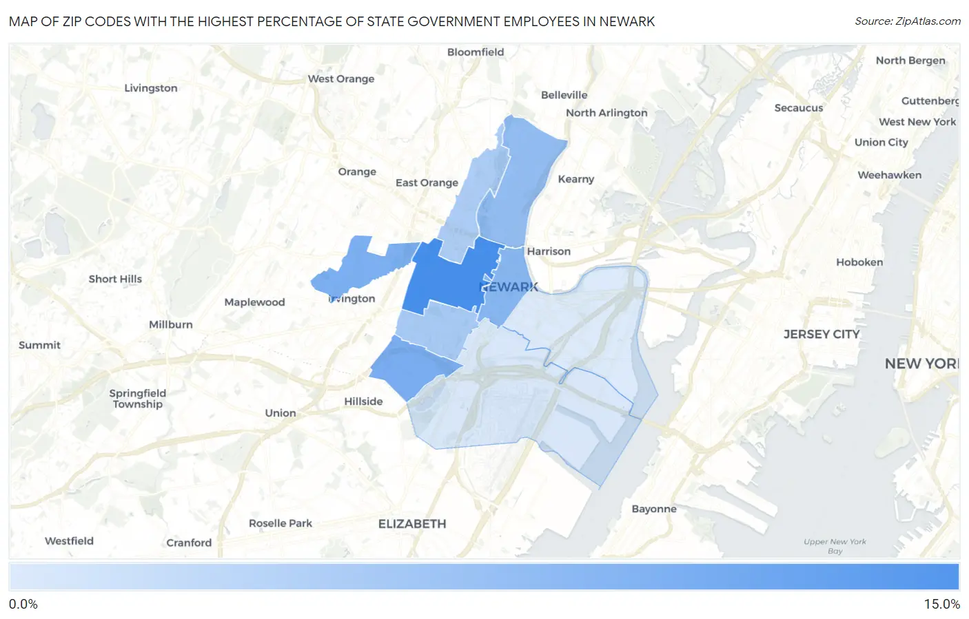 Zip Codes with the Highest Percentage of State Government Employees in Newark Map