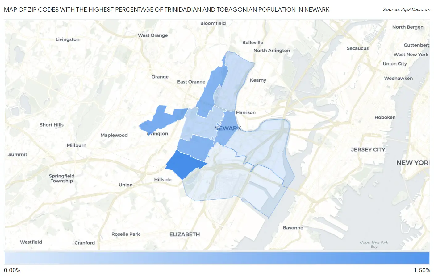 Zip Codes with the Highest Percentage of Trinidadian and Tobagonian Population in Newark Map