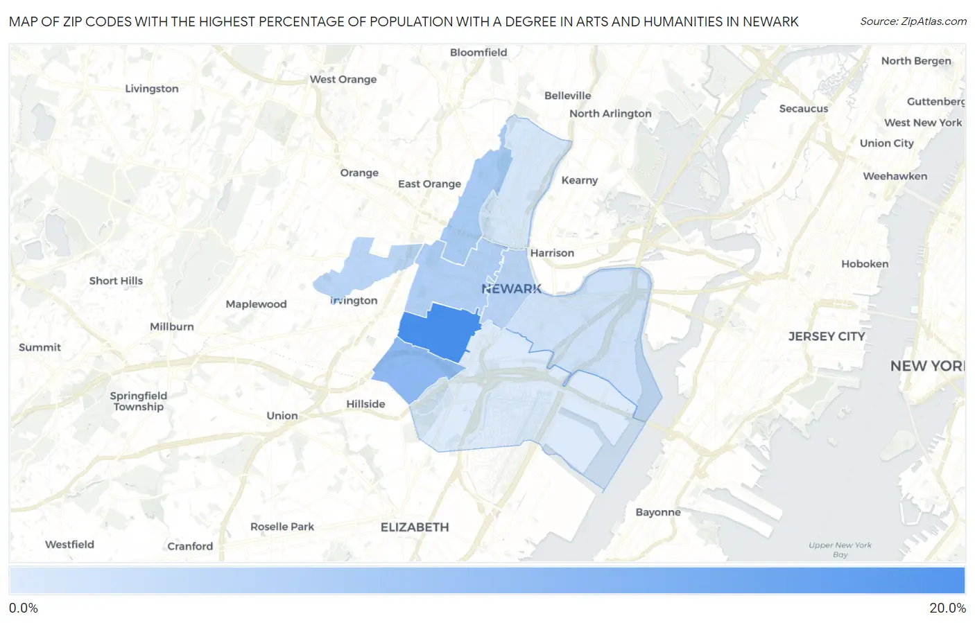 Zip Codes with the Highest Percentage of Population with a Degree in Arts and Humanities in Newark Map