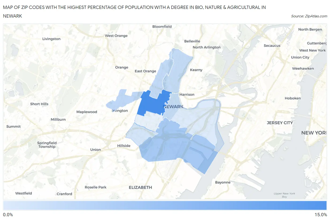 Zip Codes with the Highest Percentage of Population with a Degree in Bio, Nature & Agricultural in Newark Map