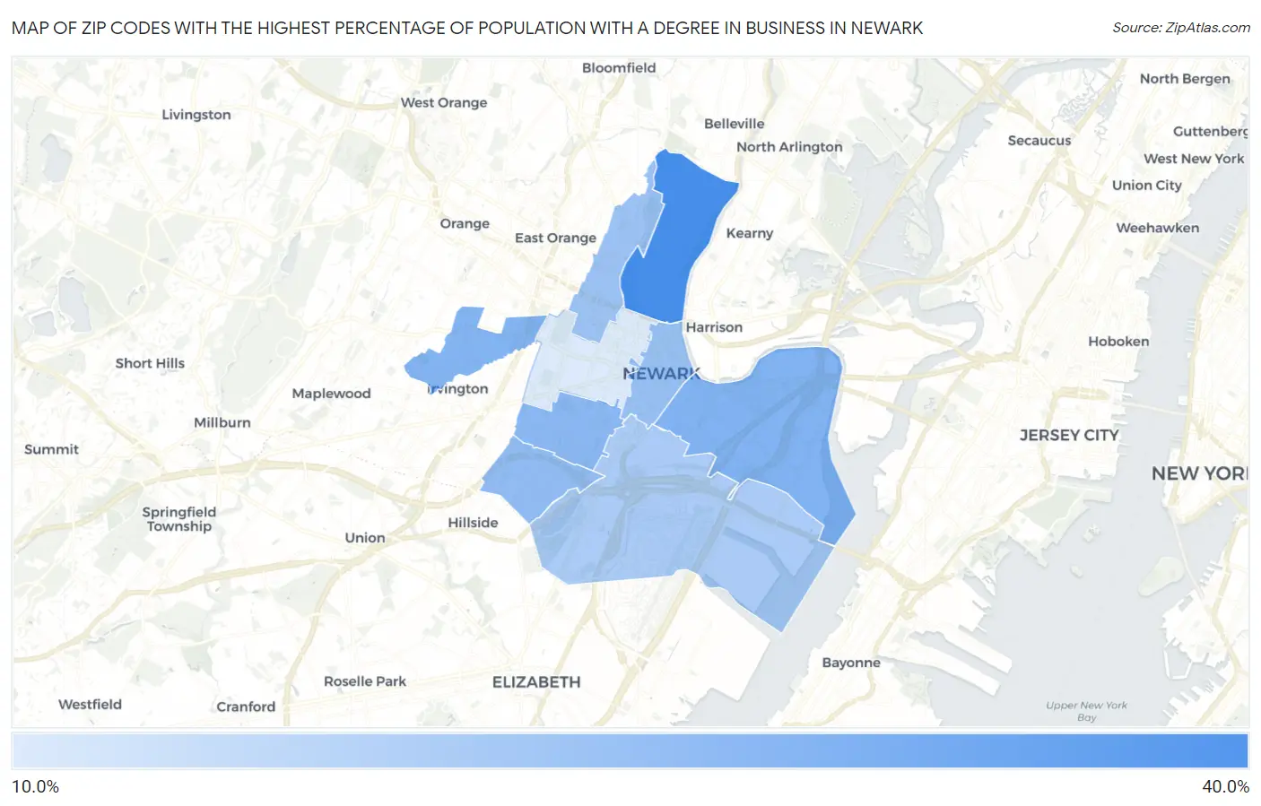 Zip Codes with the Highest Percentage of Population with a Degree in Business in Newark Map