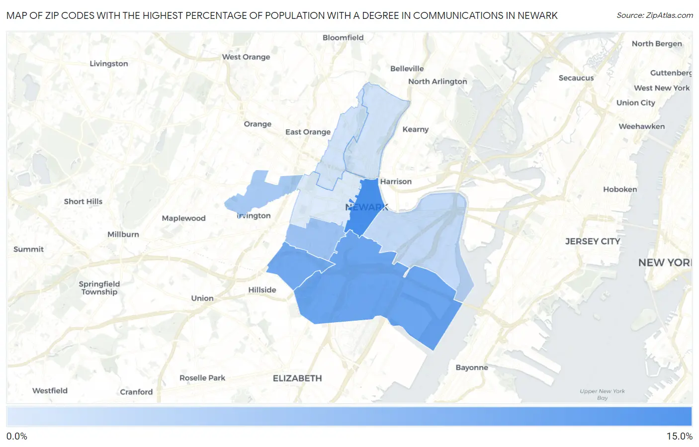 Zip Codes with the Highest Percentage of Population with a Degree in Communications in Newark Map