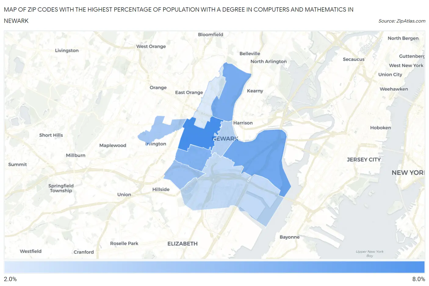 Zip Codes with the Highest Percentage of Population with a Degree in Computers and Mathematics in Newark Map
