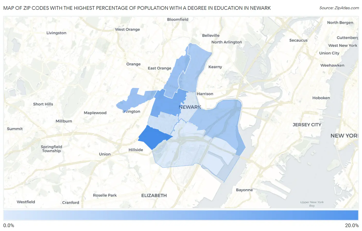 Zip Codes with the Highest Percentage of Population with a Degree in Education in Newark Map