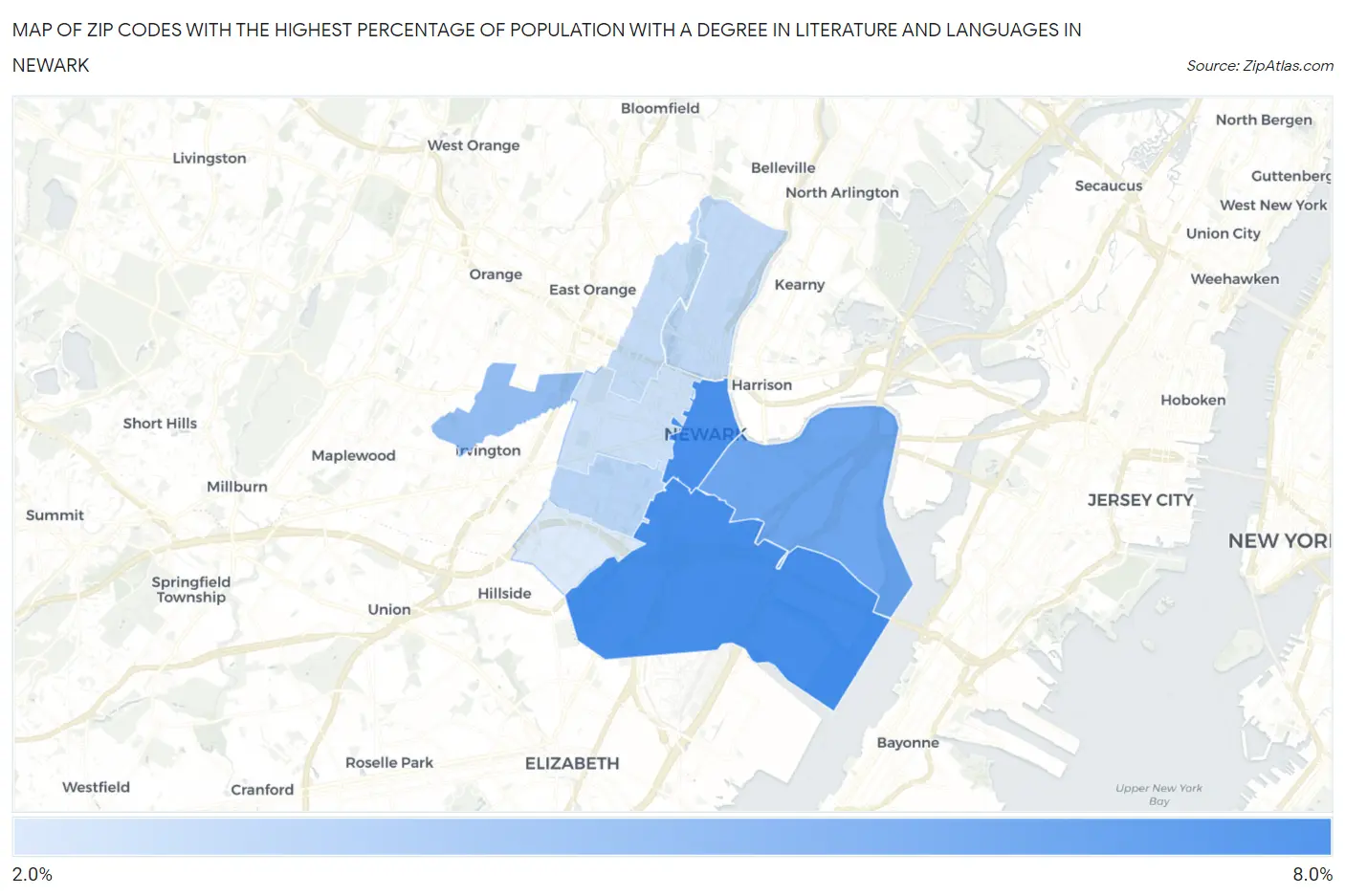 Zip Codes with the Highest Percentage of Population with a Degree in Literature and Languages in Newark Map