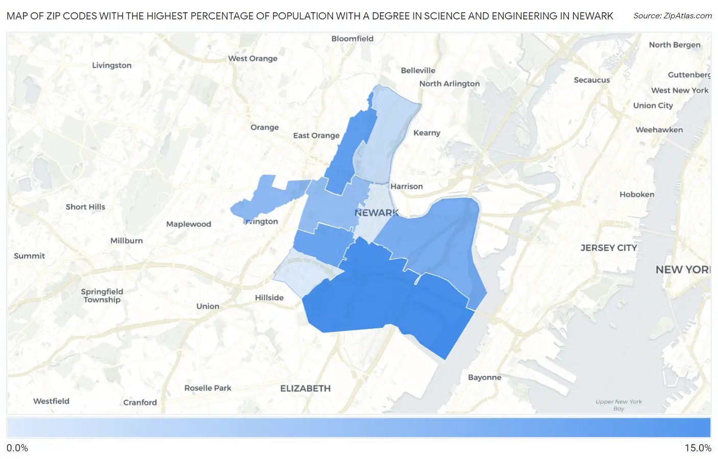 Zip Codes with the Highest Percentage of Population with a Degree in Science and Engineering in Newark Map