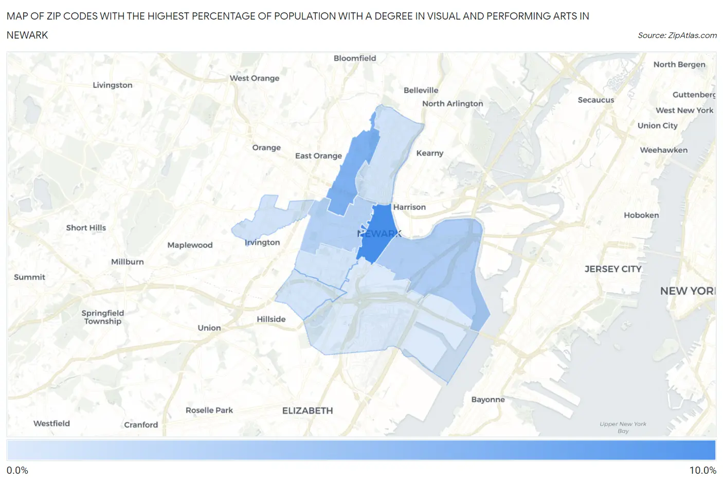 Zip Codes with the Highest Percentage of Population with a Degree in Visual and Performing Arts in Newark Map