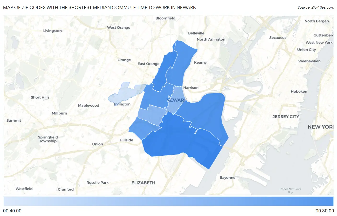 Zip Codes with the Shortest Median Commute Time to Work in Newark Map