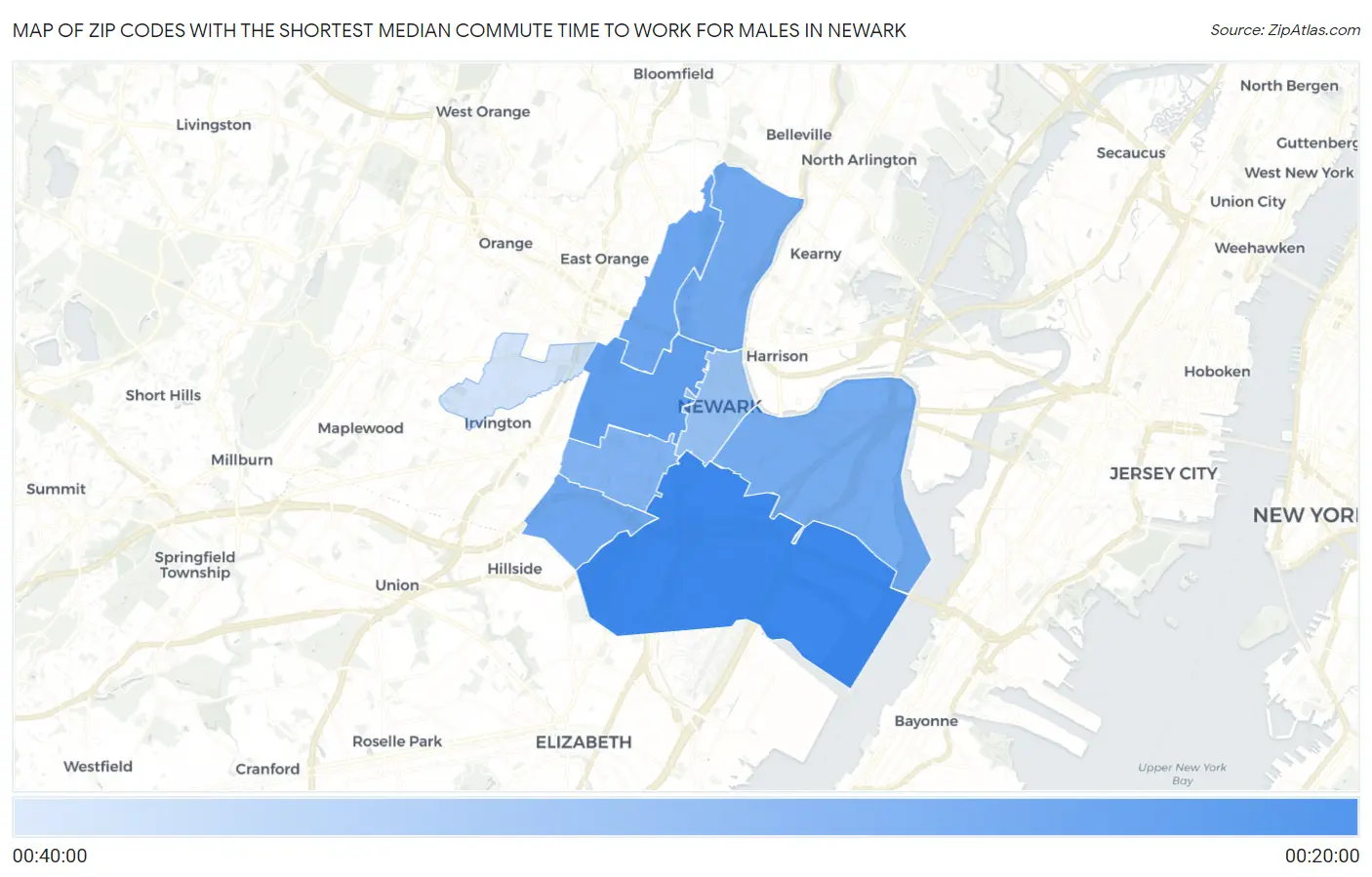 Zip Codes with the Shortest Median Commute Time to Work for Males in Newark Map