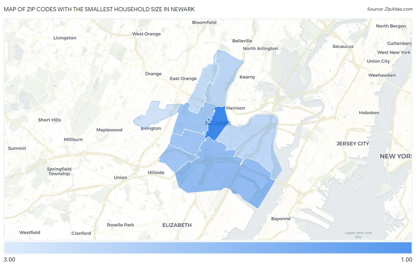 Zip Codes with the Smallest Household Size in Newark Map