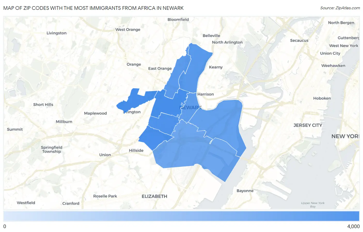 Zip Codes with the Most Immigrants from Africa in Newark Map