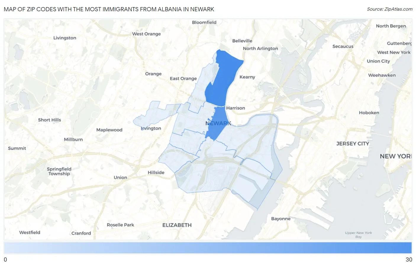 Zip Codes with the Most Immigrants from Albania in Newark Map