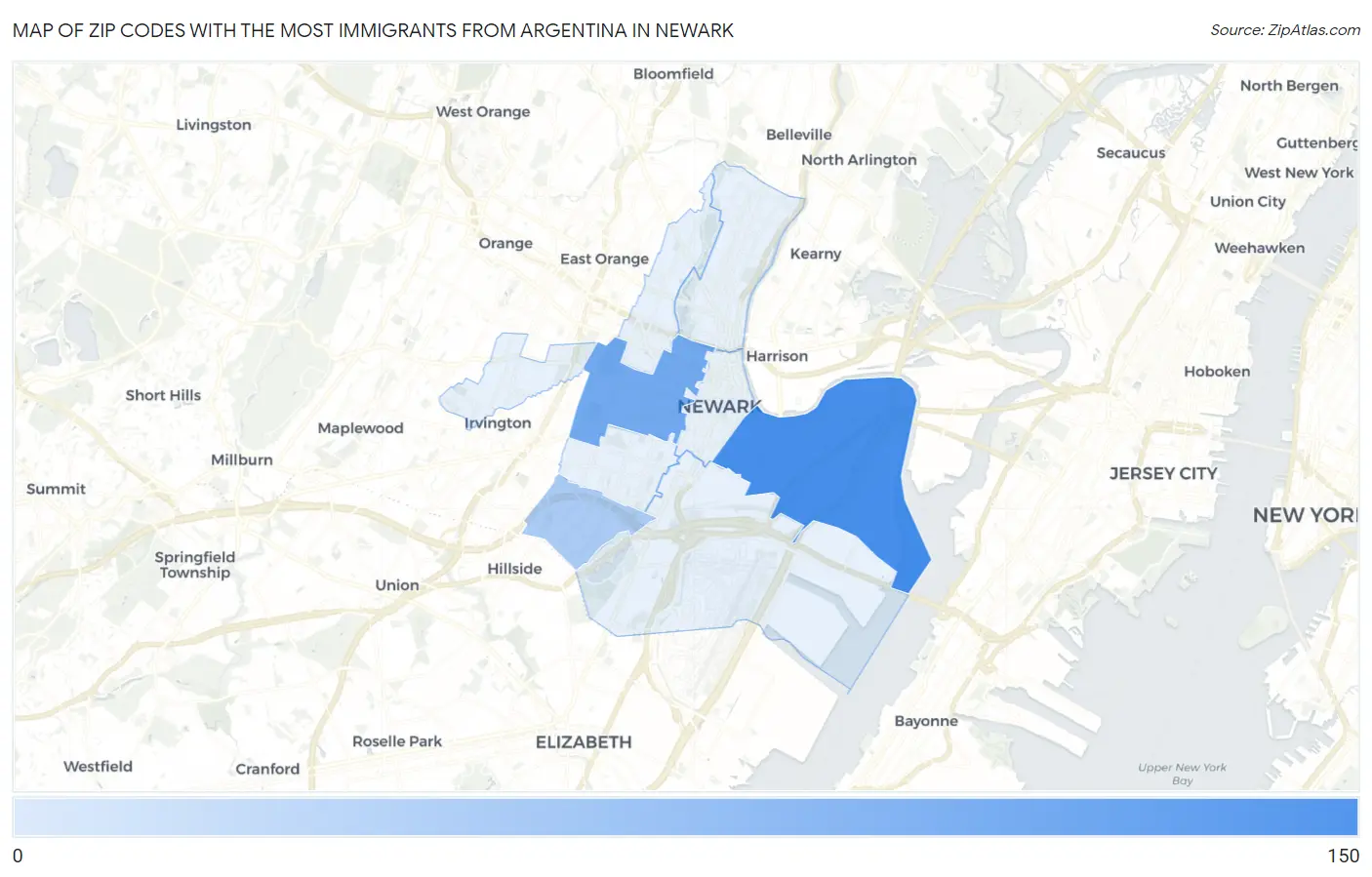 Zip Codes with the Most Immigrants from Argentina in Newark Map
