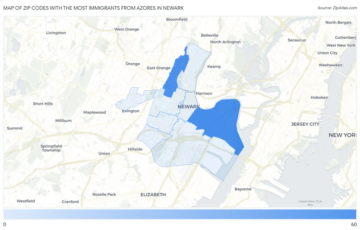 Zip Codes with the Most Immigrants from Azores in Newark Map