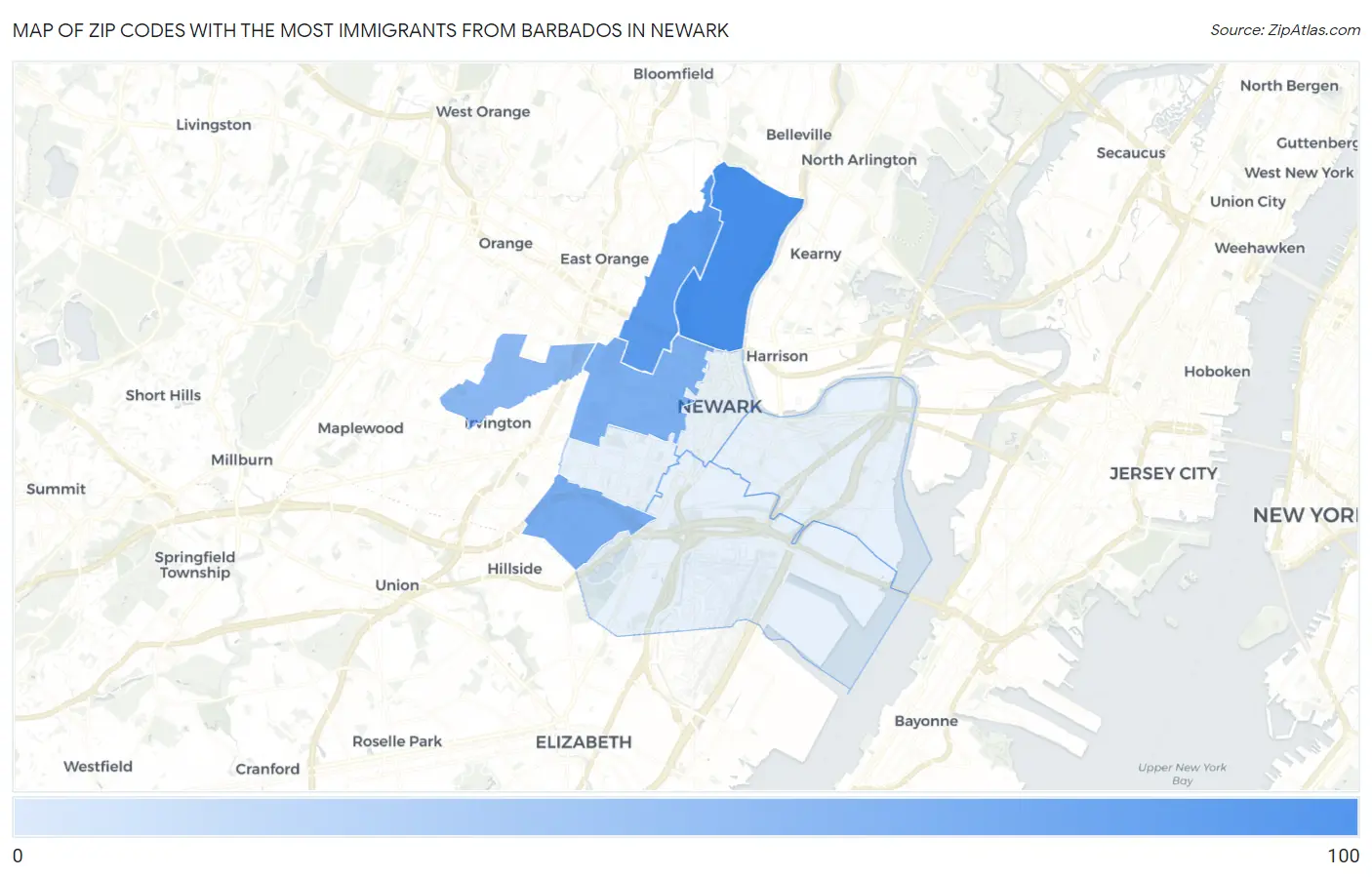 Zip Codes with the Most Immigrants from Barbados in Newark Map