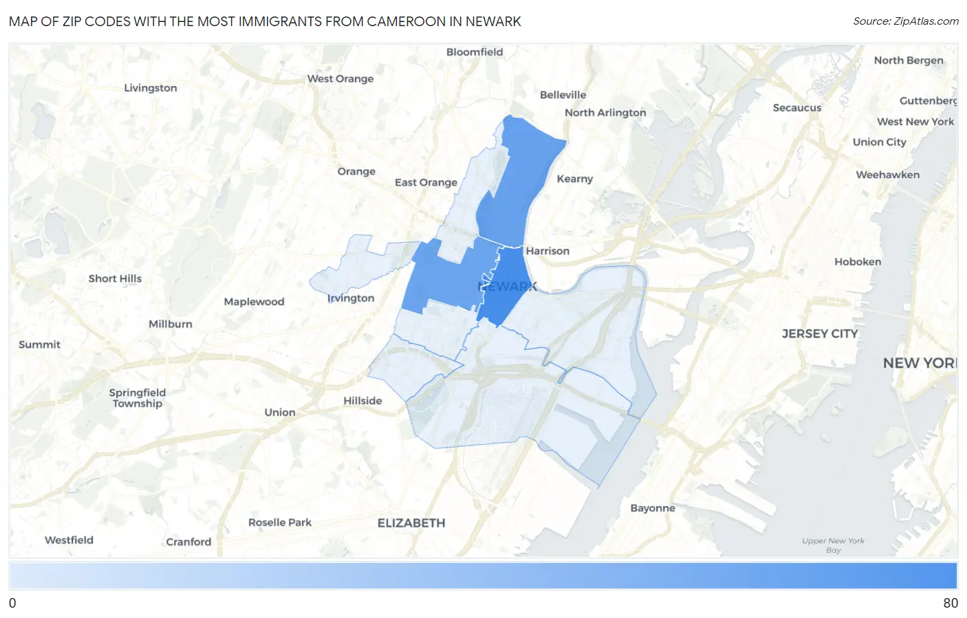 Zip Codes with the Most Immigrants from Cameroon in Newark Map