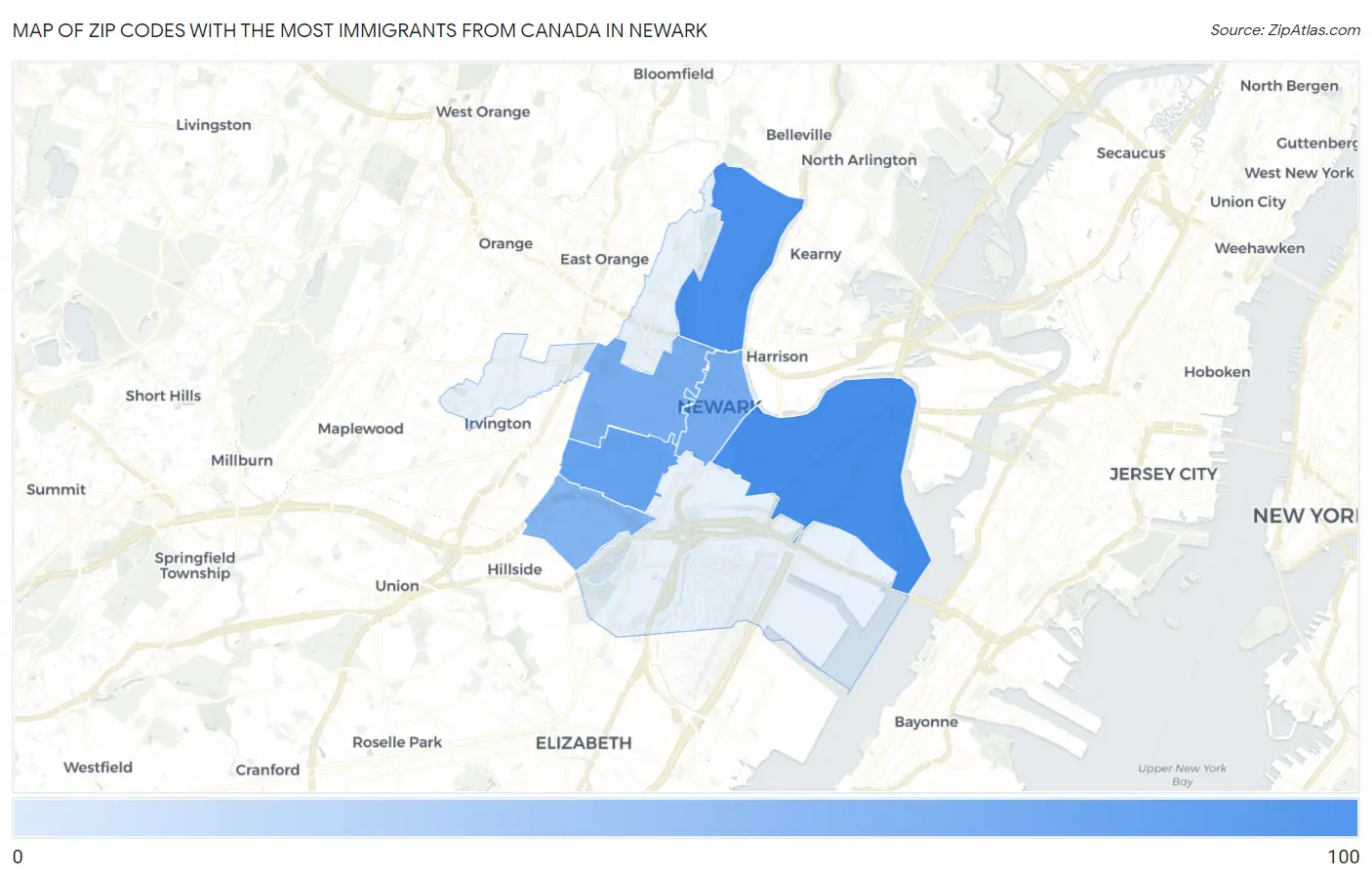 Zip Codes with the Most Immigrants from Canada in Newark Map