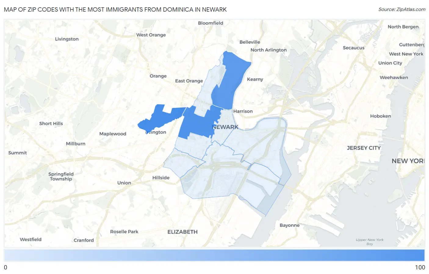 Zip Codes with the Most Immigrants from Dominica in Newark Map
