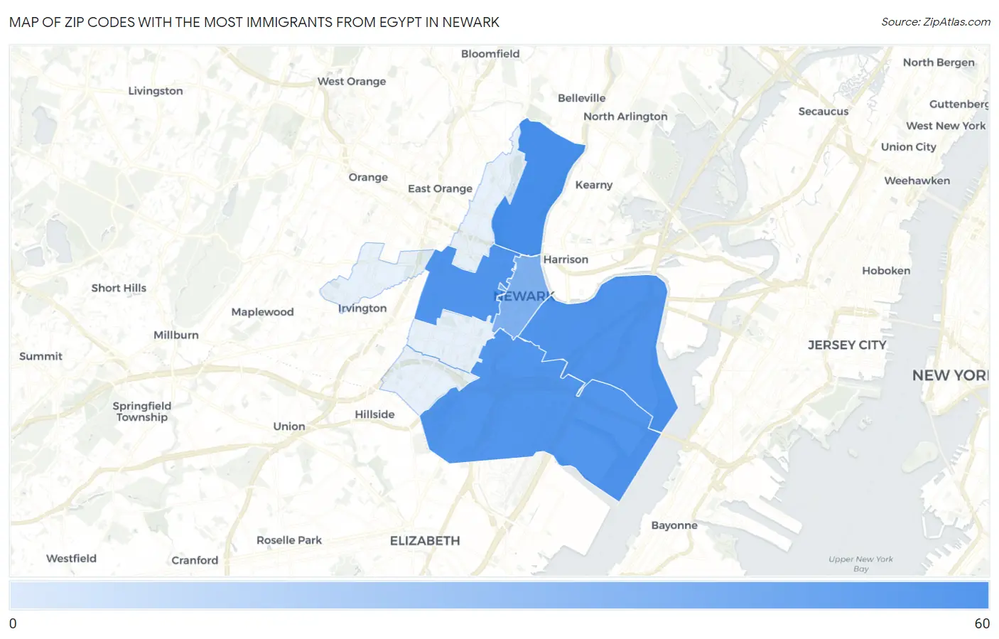 Zip Codes with the Most Immigrants from Egypt in Newark Map