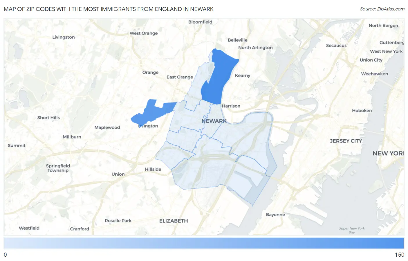 Zip Codes with the Most Immigrants from England in Newark Map