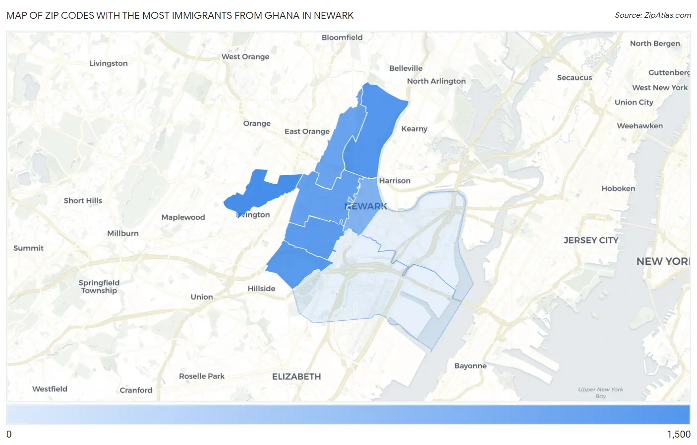 Zip Codes with the Most Immigrants from Ghana in Newark Map
